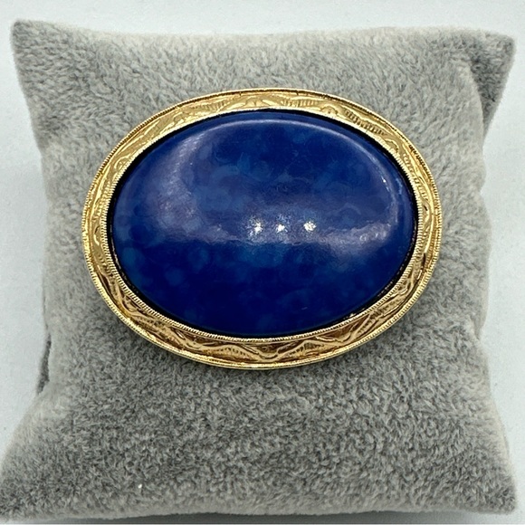 Vintage Blue Emitation Marble and Clasical gold Tone Brooch #766 - Picture 3 of 6